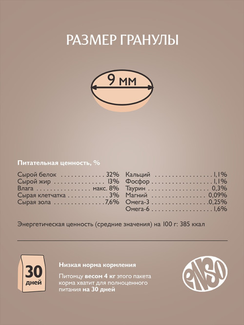 ENSO Cat Formula Monoprotein сухой корм для взрослых кошек с чувствительным пищеварением со свежей индейкой и добавлением шпината - 1,5 кг
