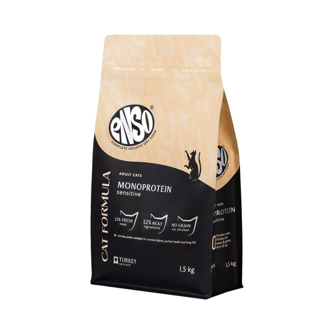ENSO Cat Formula Monoprotein сухой корм для взрослых кошек с чувствительным пищеварением со свежей индейкой и добавлением шпината - 1,5 кг
