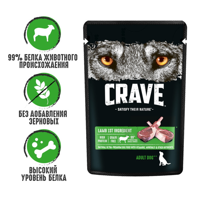 Crave влажный корм для взрослых собак всех пород с ягненком в желе, в паучах - 85 г х 28 шт