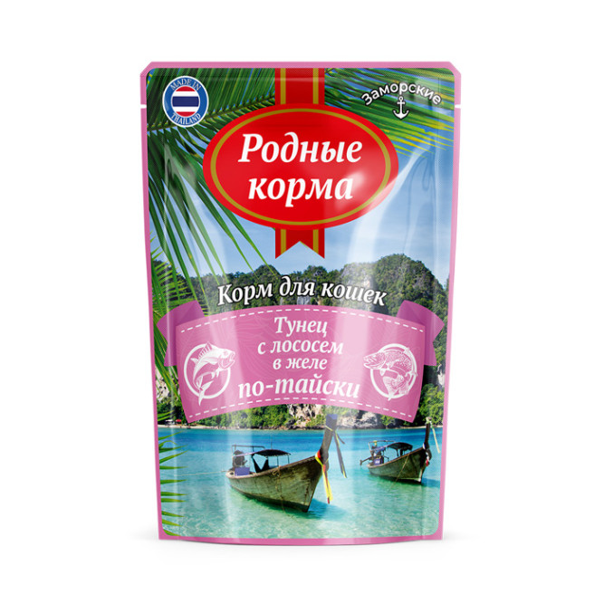 Родные Корма влажный корм для взрослых кошек "Заморские паучи" тунец с лососем в желе по-тайски - 70 г х 24 шт