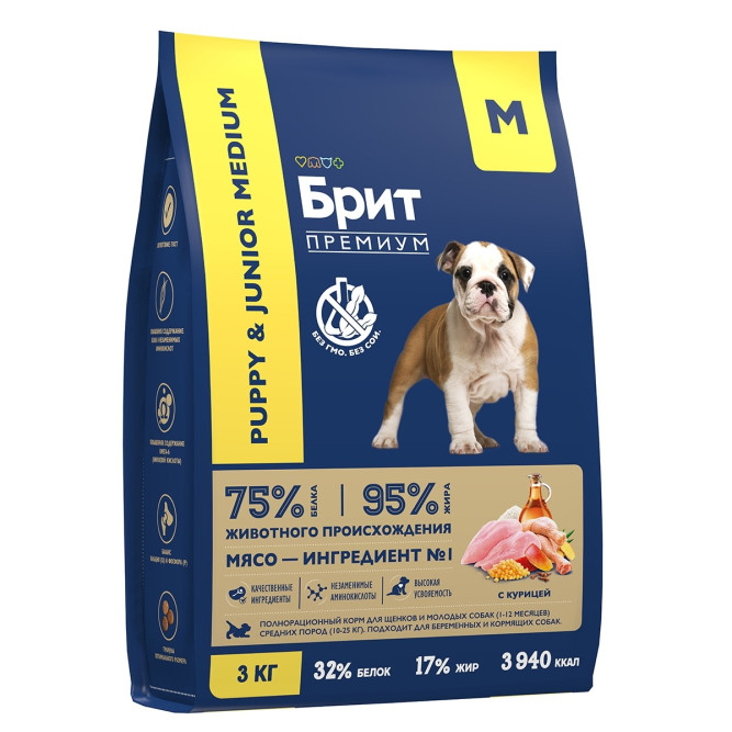 Брит Премиум Dog Puppy and Junior Medium сухой корм для щенков и молодых собак средних пород с курицей - 3 кг