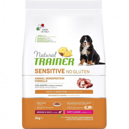 Trainer Natural Dog Sensitive Puppy &amp; Junior сухой безглютеновый корм для щенков средних и крупных пород с чувствительным пищеварением с уткой - 3 кг