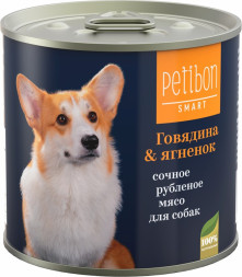 Petibon Smart влажный корм для взрослых собак, рубленое мясо с говядиной и ягненком, в консервах - 240 г х 12 шт