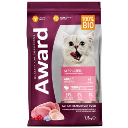 AWARD Sterilized сухой корм для взрослых стерилизованных кошек, с индейкой, курицей, клюквой и цикорием - 1,5 кг