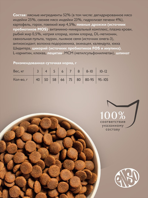 ENSO Cat Formula Monoprotein сухой корм для взрослых кошек с чувствительным пищеварением со свежей индейкой и добавлением шпината - 7 кг