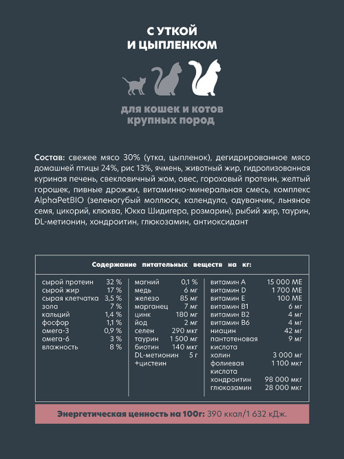 AlphaPet Superpremium сухой корм для взрослых кошек крупных пород с уткой и цыпленком - 7 кг