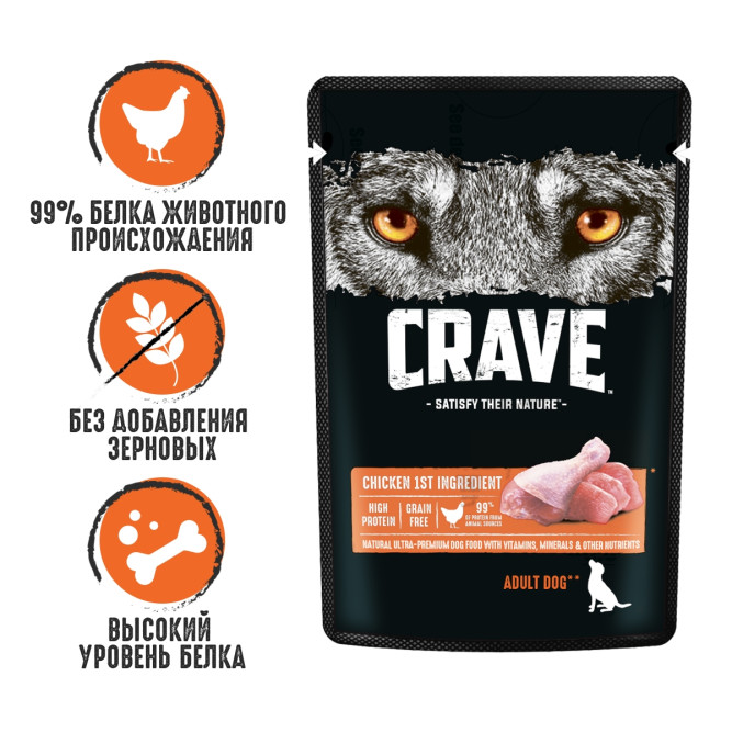 Crave влажный корм для взрослых собак всех пород с курицей в желе, в паучах - 85 г х 28 шт