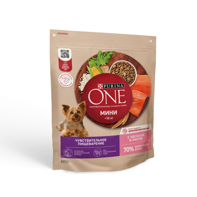 Purina ONE Мини сухой корм для собак мелких пород при чувствительном пищеварении с лососем - 600 г