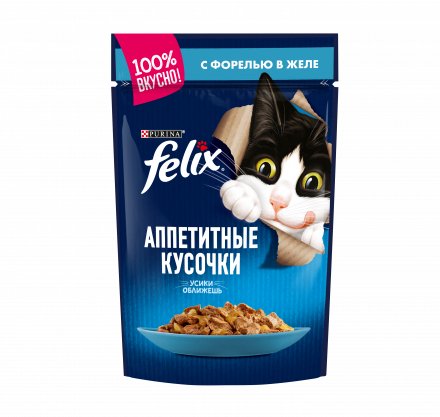 Паучи Felix Аппетитные кусочки для взрослых кошек с форелью в желе - 85 г х 26 шт