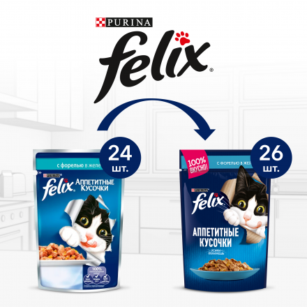 Паучи Felix Аппетитные кусочки для взрослых кошек с форелью в желе - 85 г х 26 шт