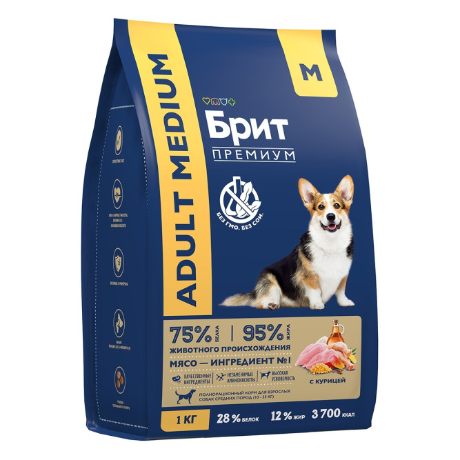 Брит Премиум Dog Adult Medium сухой корм для взрослых собак средних пород с курицей - 1 кг