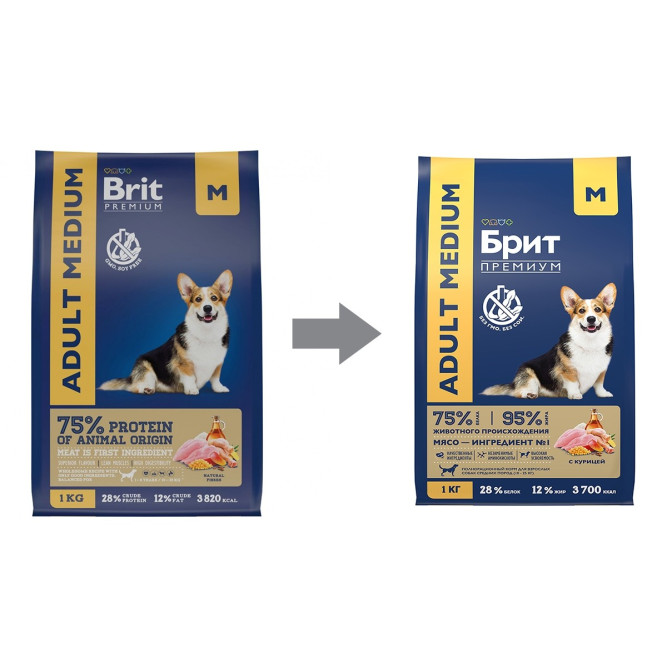 Брит Премиум Dog Adult Medium сухой корм для взрослых собак средних пород с курицей - 1 кг