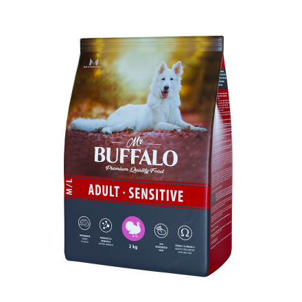 Mr.Buffalo Adult M/L Sensitive полнорационный сухой корм для взрослых собак всех пород с чувствительным пищеварением, с индейкой - 2 кг