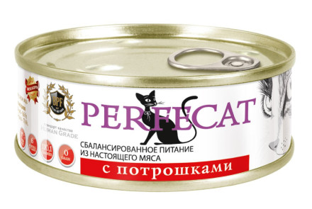 PERFECAT влажный корм для взрослых кошек мясное ассорти с потрошками, в консервах - 100 г х 24 шт