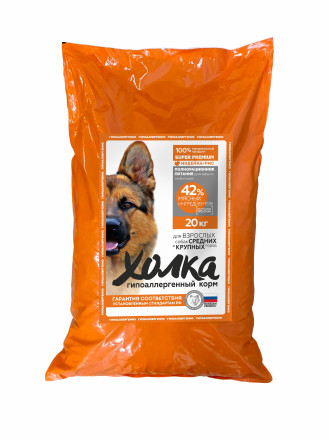 Холка гипоаллергенный сухой корм для взрослых собак средних и крупных пород с индейкой и рисом - 20 кг