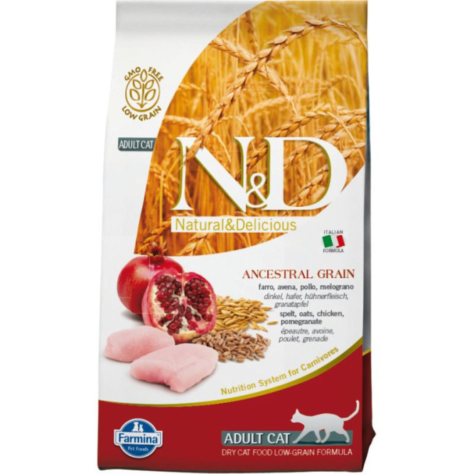 Farmina N&amp;D Ancestral Grain Cat Chicken, Spelt, Oats And Pomegranate Adult сухой низкозерновой корм для взрослых кошек с курицей и гранатом - 5 кг. СРОК ГОДНОСТИ ДО 30.06.2026