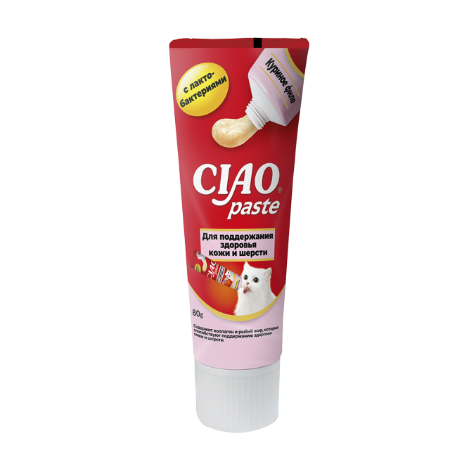 Inaba Ciao Paste лакомство паста для взрослых кошек для поддержания здоровья кожи и шерсти с куриным филе и лактобактерями - 80 г