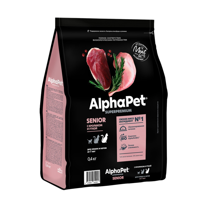 AlphaPet Superpremium сухой корм для пожилых кошек от 7 лет с кроликом и уткой - 400 г