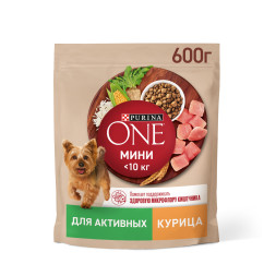 Purina ONE Мини сухой корм для собак мелких пород при активном образе жизни с курицей и рисом - 600 г