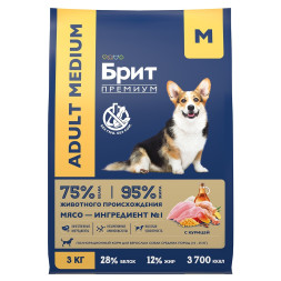 Брит Премиум Dog Adult Medium сухой корм для взрослых собак средних пород с курицей - 3 кг