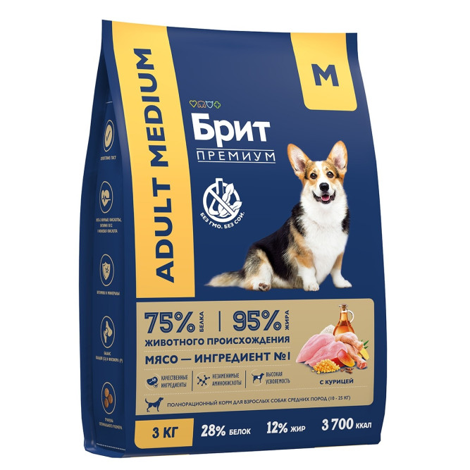 Брит Премиум Dog Adult Medium сухой корм для взрослых собак средних пород с курицей - 3 кг