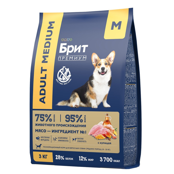 Брит Премиум Dog Adult Medium сухой корм для взрослых собак средних пород с курицей - 3 кг