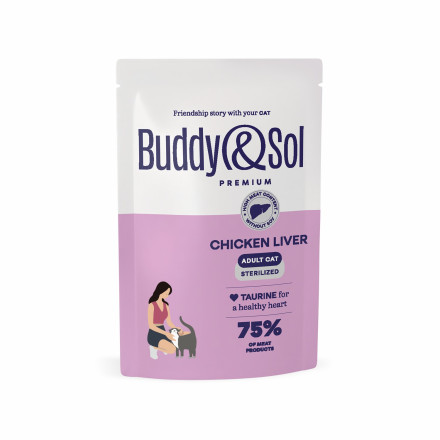 Buddy&amp;Sol Premium Sterilised для взрослых стерилизованных кошек с куриной печенью в соусе, в паучах - 85 г х 14 шт