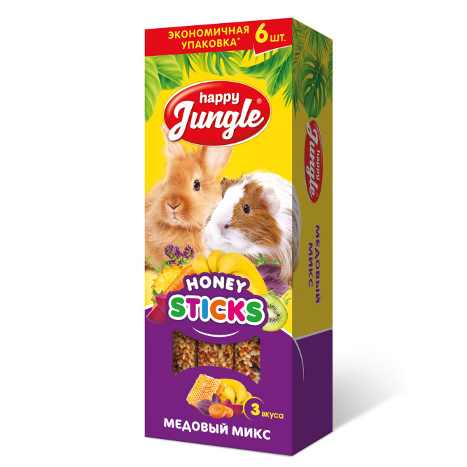Happy Jungle лакомство для крупных грызунов, палочки, медовый микс - 6 шт