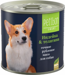 Petibon Smart влажный корм для взрослых собак, рубленое мясо с индейкой и телятиной, в консервах - 240 г х 12 шт