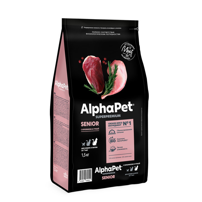AlphaPet Superpremium сухой корм для пожилых кошек от 7 лет с кроликом и уткой - 1,5 кг