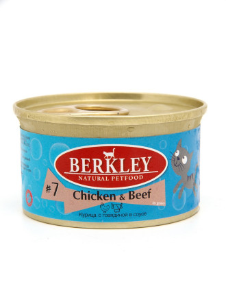 Berkley №7 влажный корм для взрослых кошек, курица с говядиной в соусе, в консервах - 85 г x 24 шт