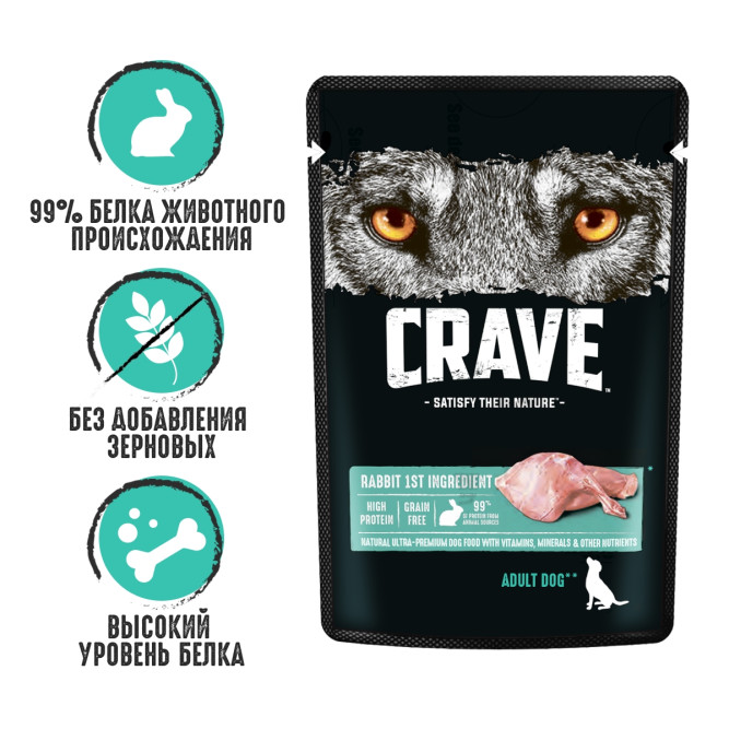 Crave влажный корм для взрослых собак всех пород с кроликом в желе, в паучах - 85 г х 28 шт