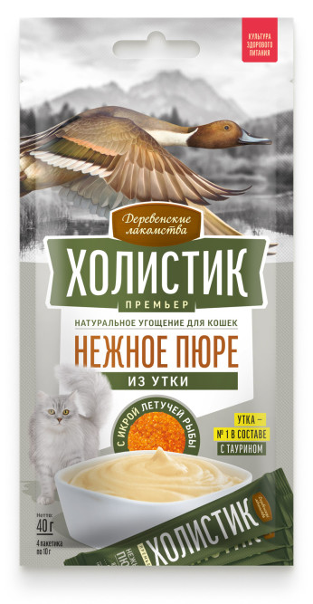 Деревенские лакомства Холистик Премьер лакомство для кошек, нежное пюре из утки с икрой летучей рыбы - 10 г х 4 шт