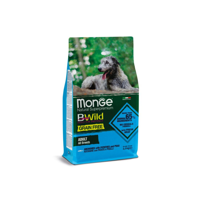 Monge Dog BWild Grain Free сухой беззерновой корм для собак всех пород с анчоусом ис картофелем 2,5 кг