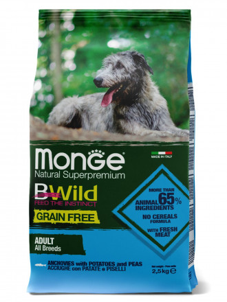 Monge Dog BWild Grain Free сухой беззерновой корм для собак всех пород с анчоусом ис картофелем 2,5 кг