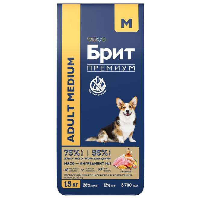 Брит Премиум Dog Adult Medium сухой корм для взрослых собак средних пород с курицей - 15 кг