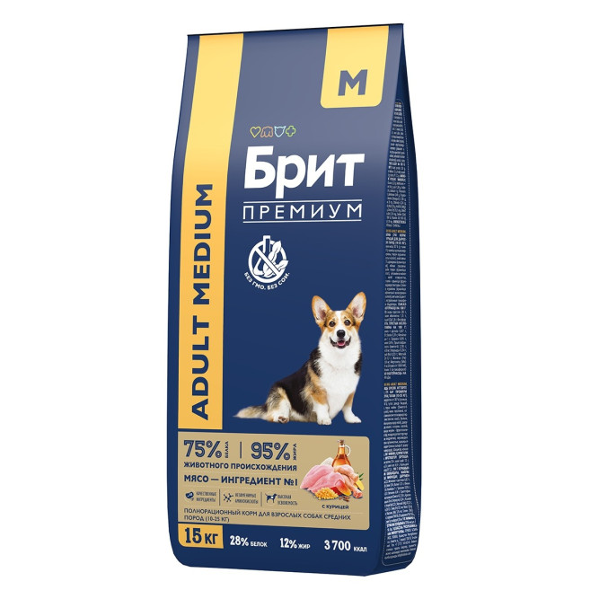 Брит Премиум Dog Adult Medium сухой корм для взрослых собак средних пород с курицей - 15 кг
