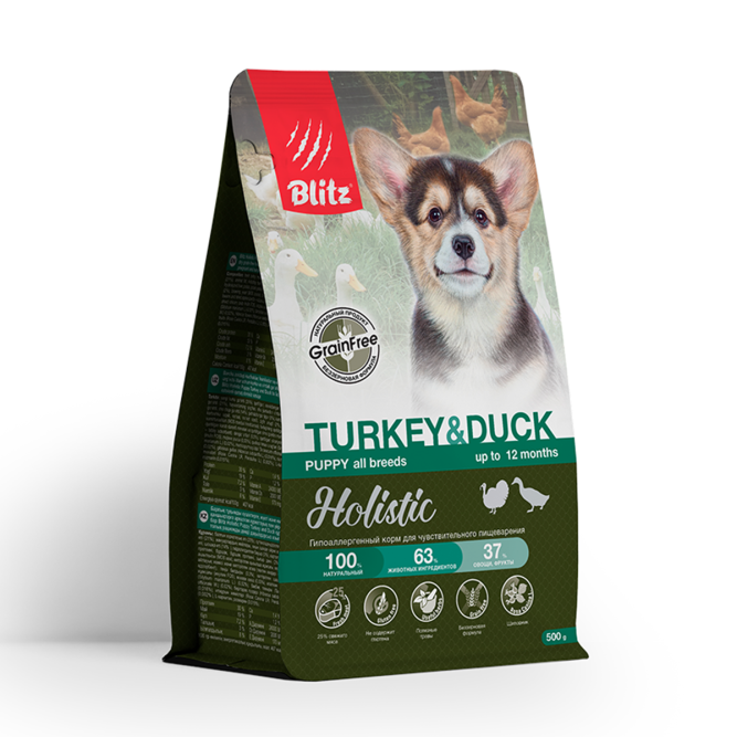 Blitz Holistic Puppy Turkey &amp; Duck сухой беззерновой корм для щенков всех пород, беременных и кормящих сук, при чувствительном пищеварении с индейкой и уткой - 500 г