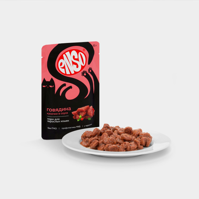 ENSO влажный корм для взрослых кошек, кусочки в соусе с говядиной, в паучах - 85 г х 24 шт
