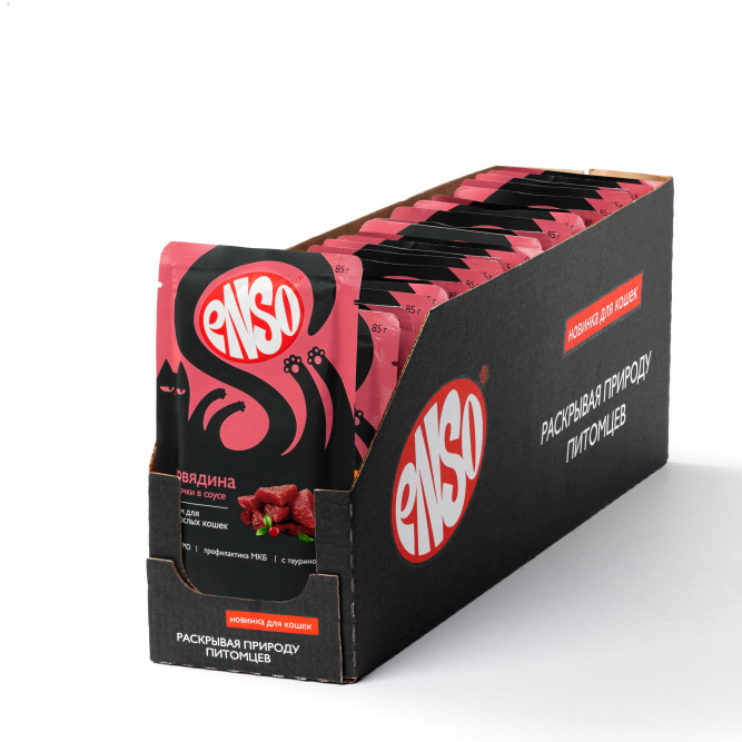 ENSO влажный корм для взрослых кошек, кусочки в соусе с говядиной, в паучах - 85 г х 24 шт
