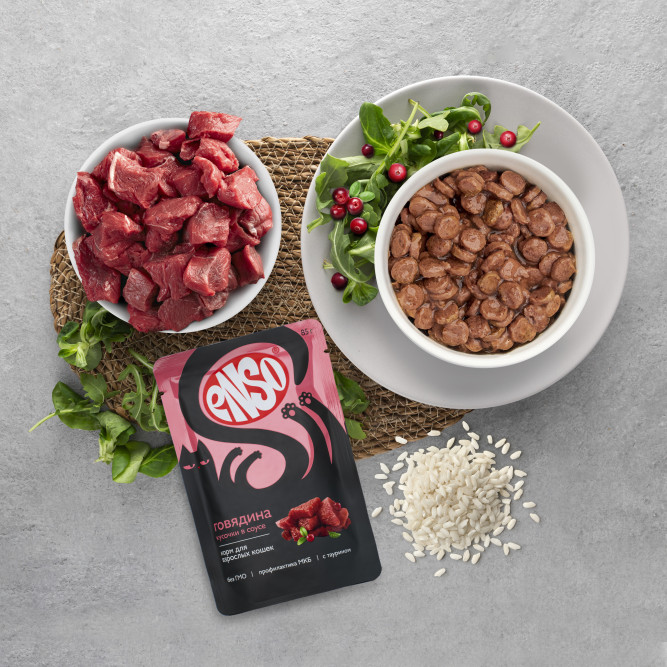 ENSO влажный корм для взрослых кошек, кусочки в соусе с говядиной, в паучах - 85 г х 24 шт