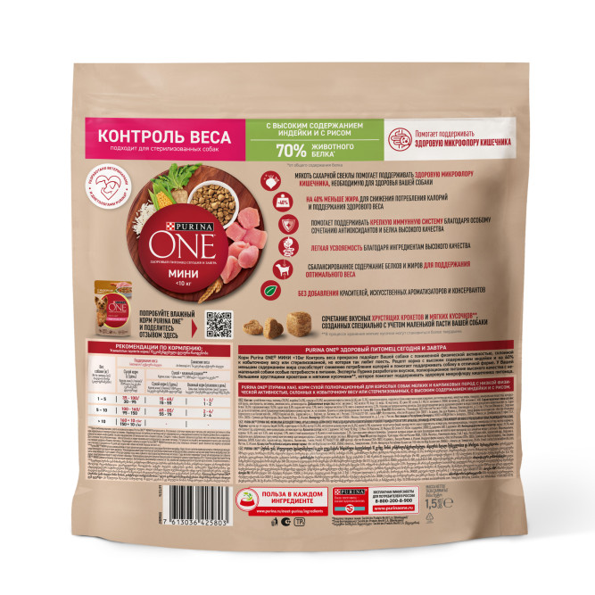 Purina ONE Мини сухой корм для собак мелких пород при склоннности к набору веса с индейкой - 1,5 кг