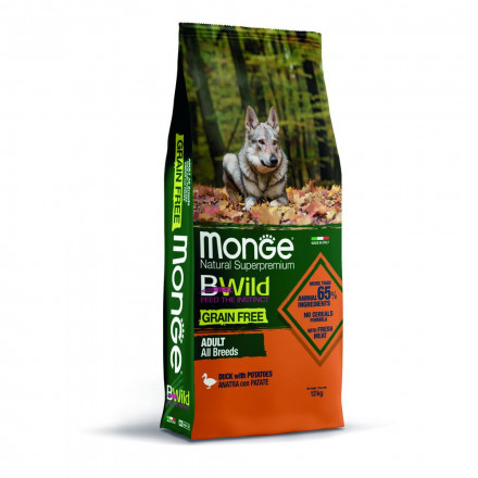 Monge Dog BWild Grain Free сухой беззерновой корм для взрослых собак всех пород с мясом утки и картофелем 12 кг