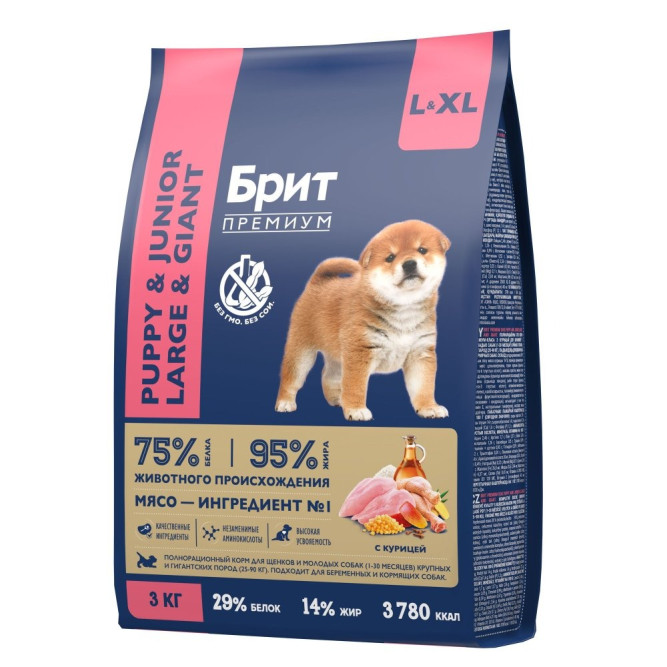 Брит Премиум Dog Puppy and Junior Large and Giant сухой корм для щенков и молодых собак крупных и гигантских пород с курицей - 3 кг
