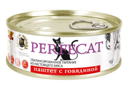 PERFECAT влажный корм для взрослых кошек паштет с говядиной, в консервах - 100 г х 24 шт