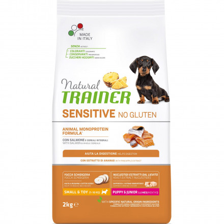 Trainer Natural Dog Sensitive Puppy &amp; Junior сухой безглютеновый корм для щенков мелких пород с чувствительным пищеварением с лососем - 2 кг