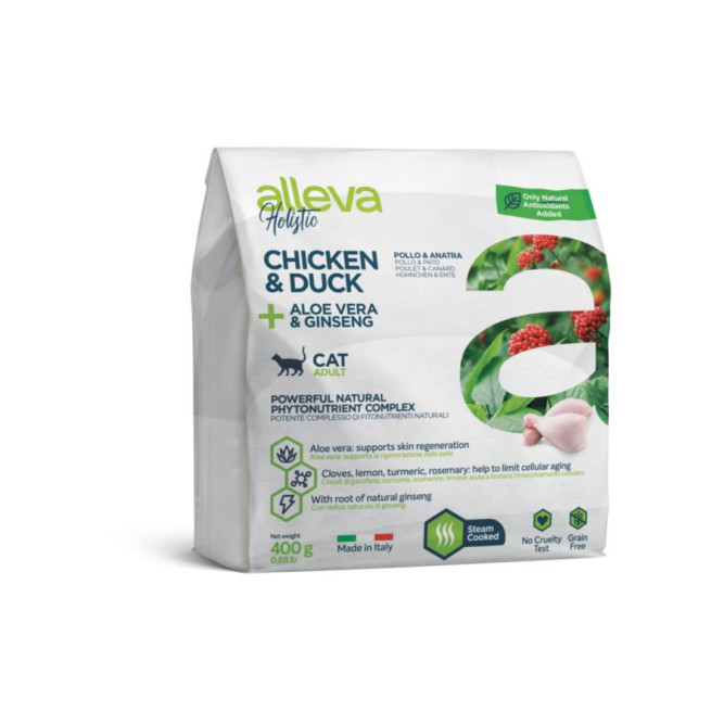 Alleva Holistic Cat Adult Chicken &amp; Duck сухой корм для взрослых кошек с курицей и уткой, алое вера и женьшенем - 400 г