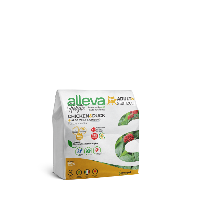Alleva Holistic Cat Adult Chicken &amp; Duck сухой корм для взрослых кошек с курицей и уткой, алое вера и женьшенем - 400 г