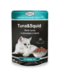 Gina влажный корм для взрослых кошек, с тунцом и кальмаром, в паучах - 85 г х 24 шт