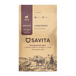 Savita Grain Free 3 Meat Recipe Adult сухой беззерновой корм для взрослых собак всех пород, 3 вида мяса с кабаном, ягненком и уткой - 10 кг